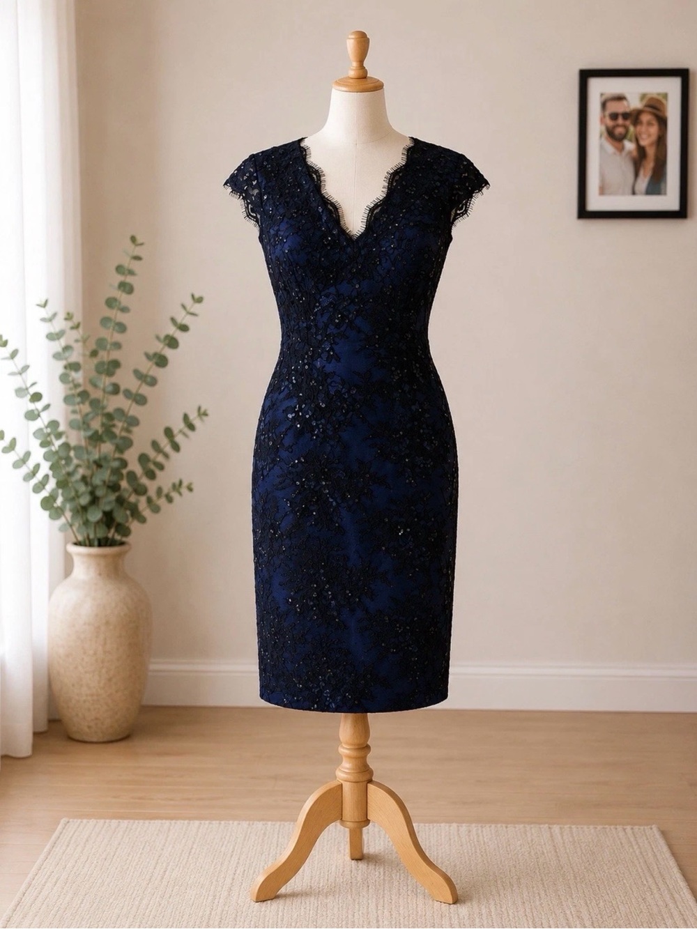 Navy Lace Midi Dress with Scalloped V-Neck